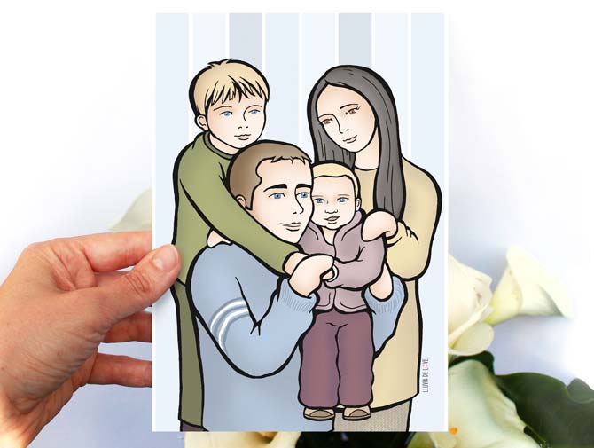 Lámina personalizada. Dibujo de familia. Retrato de familia. Personalización con calas de fondo