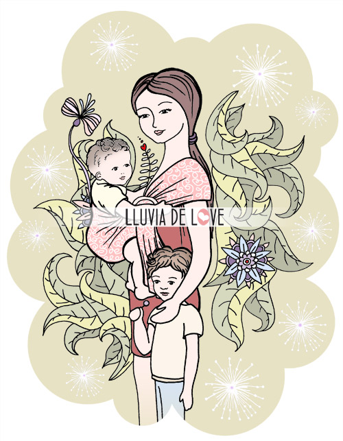 ilustracion de porteo, dibujo porteo, porteo, ilustracion maternidad, maternidad consciente, retrato de familia