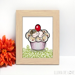 Regalar láminas ilustradas de maternidad. Regalos para madres. Lámina cupcake con bebé.