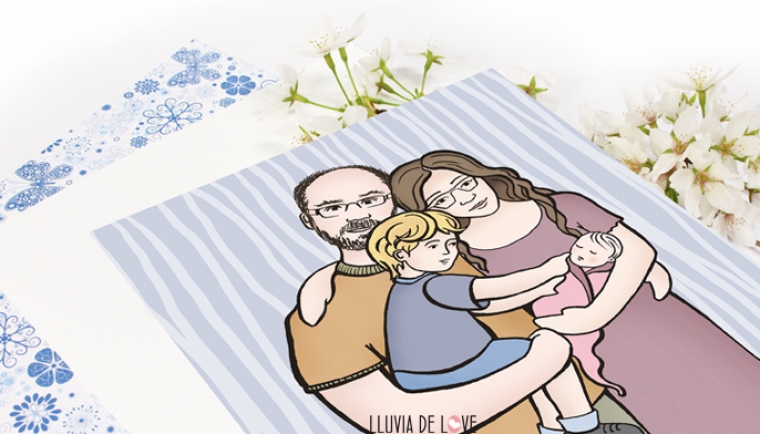  Ilustracion personalizada de familia, regalo para una embarazada, regalo para mamá