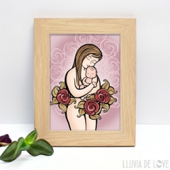Lámina de madre con su bebé recién nacido ideal para hacer un regalo original y exclusivo a una mamá primeriza o madre reciente.