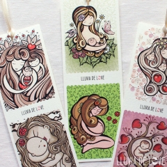 Marca páginas ilustrados con escenas de lactancia, madre e hijo, madre con bebé, embarazada. Arte maternal.